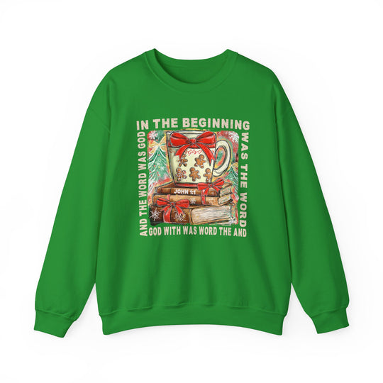 In the Beginning Crew sweatshirt features a festive mug with gingerbread cookies, ribboned books, and John 1:1 scripture, blending holiday charm and faith.
