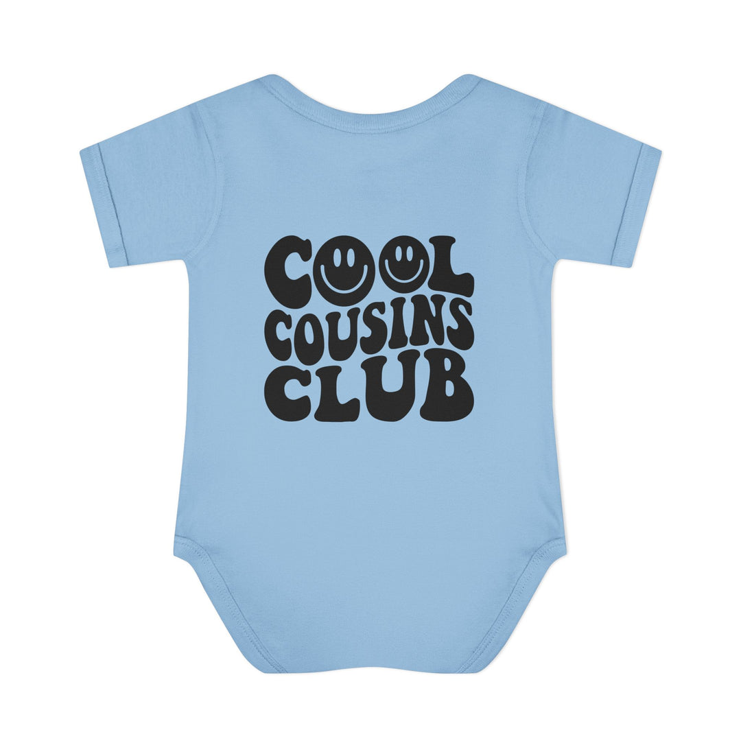 Cool Cousins Club Onesie: Infant bodysuit with lap shoulders, made from soft, 100% ring-spun cotton, designed for comfort and easy adjustment. Unisex fit.