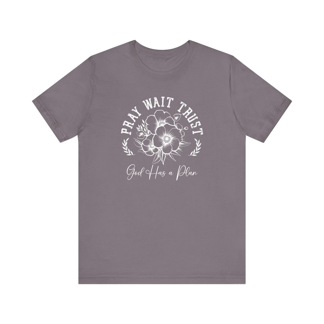 Pray Wait Trust Tee: Grey tee featuring white text, classic unisex fit with ribbed collar, dual side seams, and soft cotton fabric for lasting comfort.
