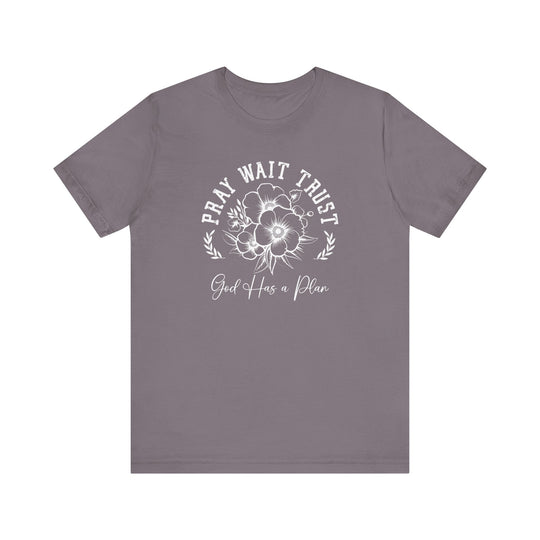 Pray Wait Trust Tee: Grey tee featuring white text, classic unisex fit with ribbed collar, dual side seams, and soft cotton fabric for lasting comfort.