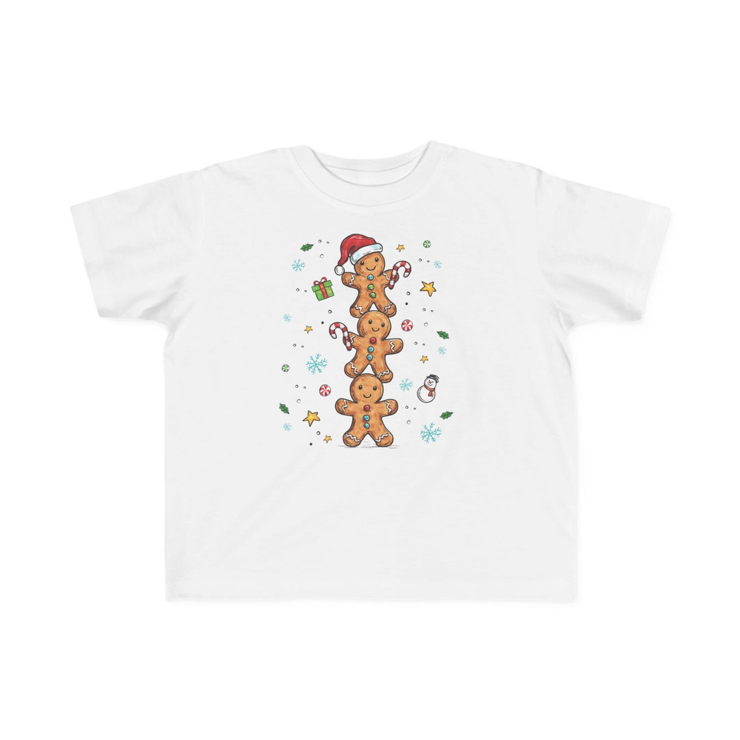 Gingerbread Stack Toddler Tee featuring stacked gingerbread cookies with festive motifs, perfect soft cotton for toddlers, available in sizes 2T to 5-6T.