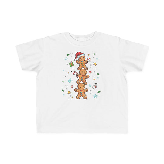 Gingerbread Stack Toddler Tee featuring stacked gingerbread cookies with festive motifs, perfect soft cotton for toddlers, available in sizes 2T to 5-6T.