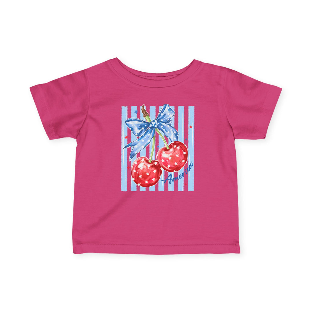 American Cherry Baby Tee in bright pink with cherries and bow graphic, perfect for kids. Made from soft cotton, ensuring comfort and durability.