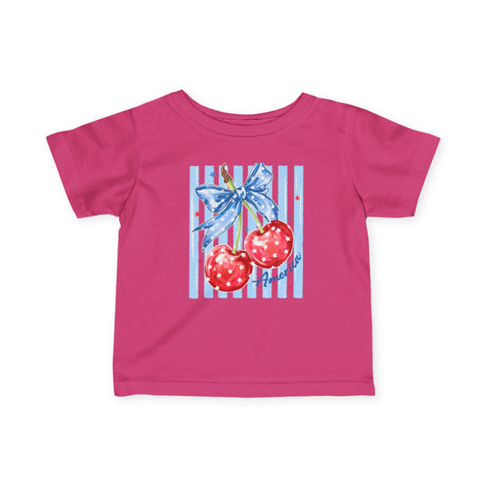 American Cherry Baby Tee in bright pink with cherries and bow graphic, perfect for kids. Made from soft cotton, ensuring comfort and durability.