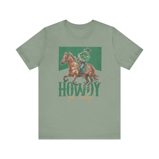 Howdy Go Lucky Tee featuring a man riding a horse, showcasing a classic unisex jersey short sleeve fit with soft cotton and quality print.