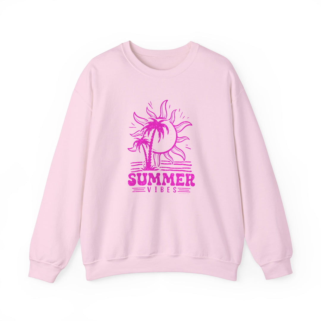 Unisex Summer Vibes Crew sweatshirt featuring a pink sun, palm trees, and beach design. Comfortable blend of polyester and cotton, ribbed knit collar, no itchy side seams. Sizes S to 5XL available.