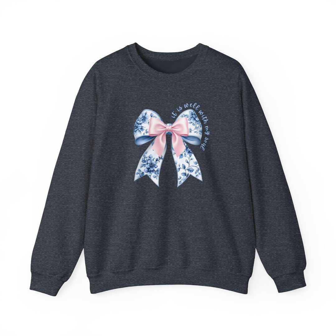 All is Well With My Soul Crew: dark-heather navy crewneck sweatshirt featuring a large bow with floral tails and script, offering comfort with a ribbed collar.