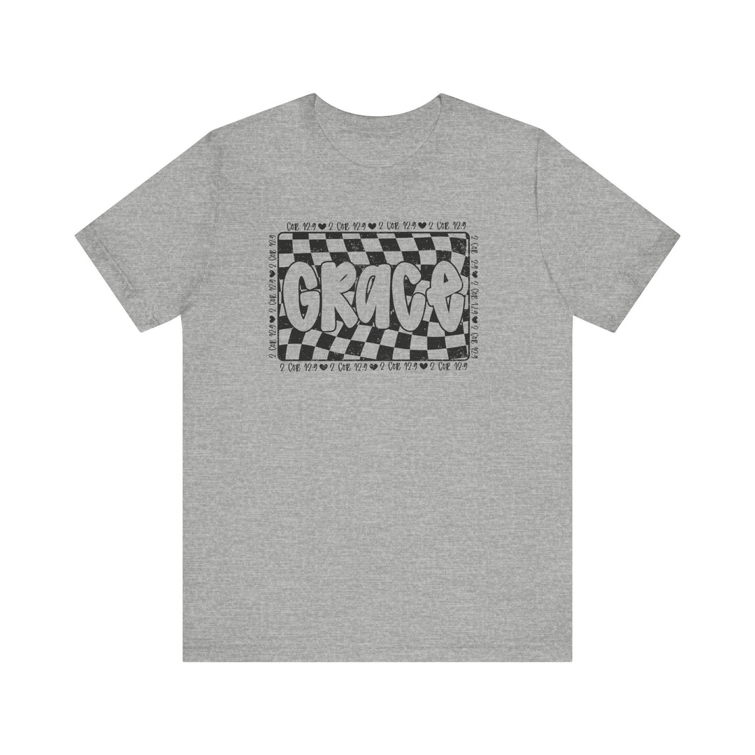 Grace Tee: A grey t-shirt featuring a black and white design, crafted from soft cotton for comfort, with ribbed collars and durable side seams.