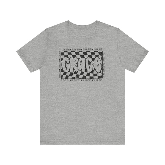 Grace Tee: A grey t-shirt featuring a black and white design, crafted from soft cotton for comfort, with ribbed collars and durable side seams.
