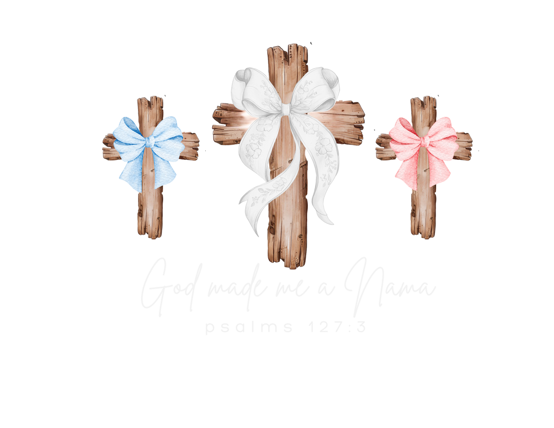 Three rustic wooden crosses with bows and ribbons, featuring God made me a Mama and Psalms 127:3 text, on a graphic for a unisex sweatshirt.