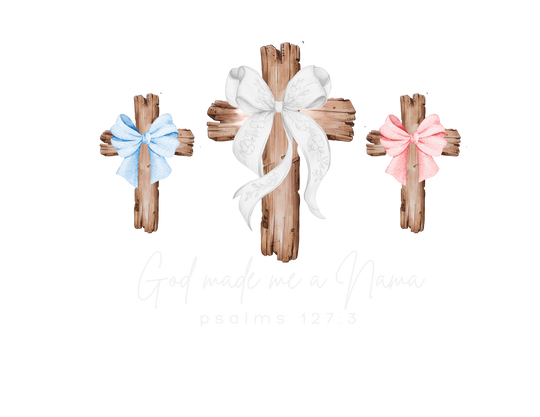 Three rustic wooden crosses with bows and ribbons, featuring God made me a Mama and Psalms 127:3 text, on a graphic for a unisex sweatshirt.