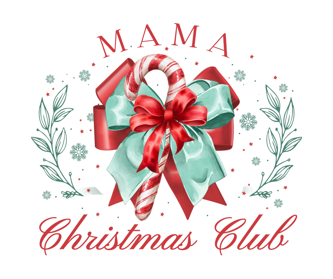 Mama Christmas Club Hoodie featuring a candy cane with a festive bow, surrounded by holiday-themed decorations, perfect for cozy, stylish winter wear.