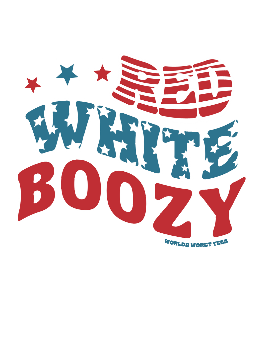 Unisex Red White and Boozy Tee with text and stars on black background. Heavy cotton, no side seams, tape shoulders, ribbed knit collar. 100% cotton, classic fit, true to size. From 'Worlds Worst Tees'.