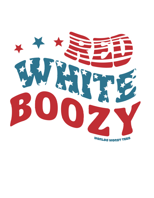Unisex Red White and Boozy Tee with text and stars on black background. Heavy cotton, no side seams, tape shoulders, ribbed knit collar. 100% cotton, classic fit, true to size. From 'Worlds Worst Tees'.