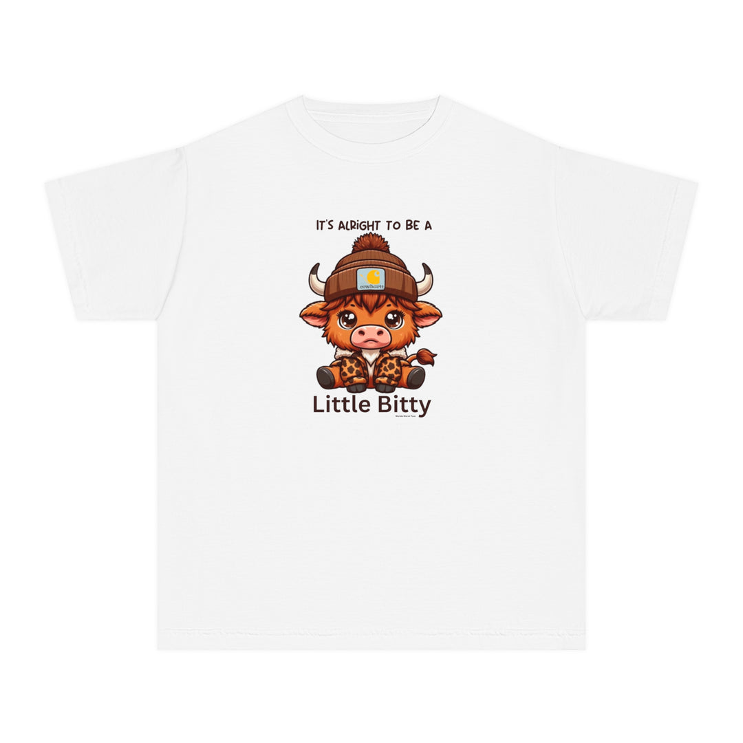 Little Bitty Kids Tee: White tee with a cartoon cow in a hat. Ideal for active kids, made of soft combed cotton for all-day comfort. Classic fit for play or study.