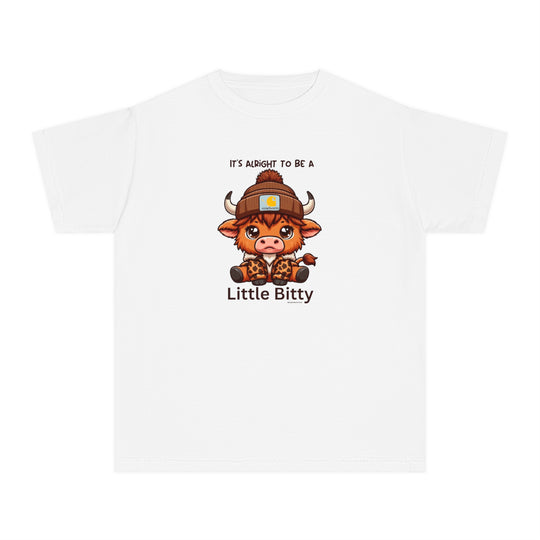 Little Bitty Kids Tee: White tee with a cartoon cow in a hat. Ideal for active kids, made of soft combed cotton for all-day comfort. Classic fit for play or study.