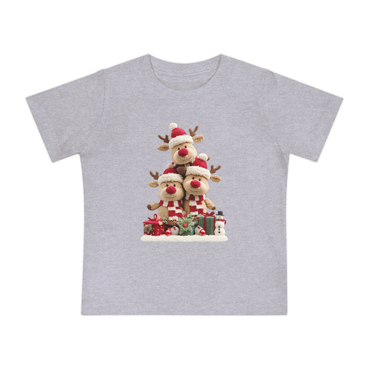Reindeer Tree Baby Tee: Light-gray t-shirt featuring three festive reindeer in Santa hats, surrounded by gifts and snow, designed for comfort and durability in baby's first steps.