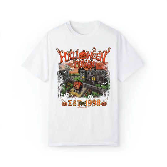 A relaxed-fit Halloweentown Tee in white with a graphic design. Unisex, garment-dyed sweatshirt made of 80% ring-spun cotton and 20% polyester. Features rolled-forward shoulder and back neck patch.