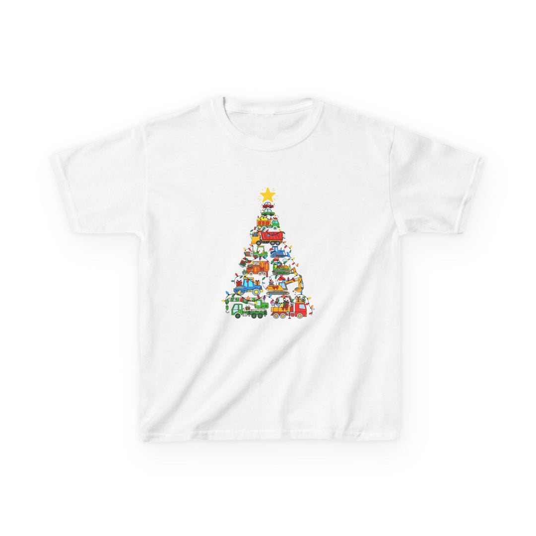 Christmas Truck Kids Tee: A white t-shirt with a colorful graphic of cartoon trucks stacked as a Christmas tree, adorned with holiday lights and a star.