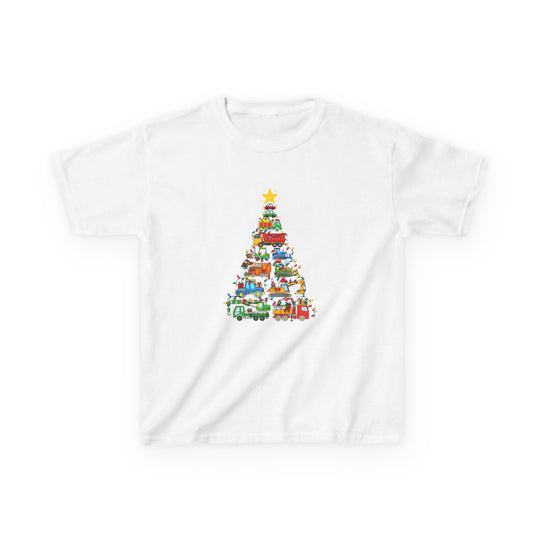 Christmas Truck Kids Tee: A white t-shirt with a colorful graphic of cartoon trucks stacked as a Christmas tree, adorned with holiday lights and a star.