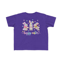 Easter Bunny Toddler Tee with three pastel bunnies and happy easter text, perfect for kids’ sensitive skin, from Faith Family Designs.