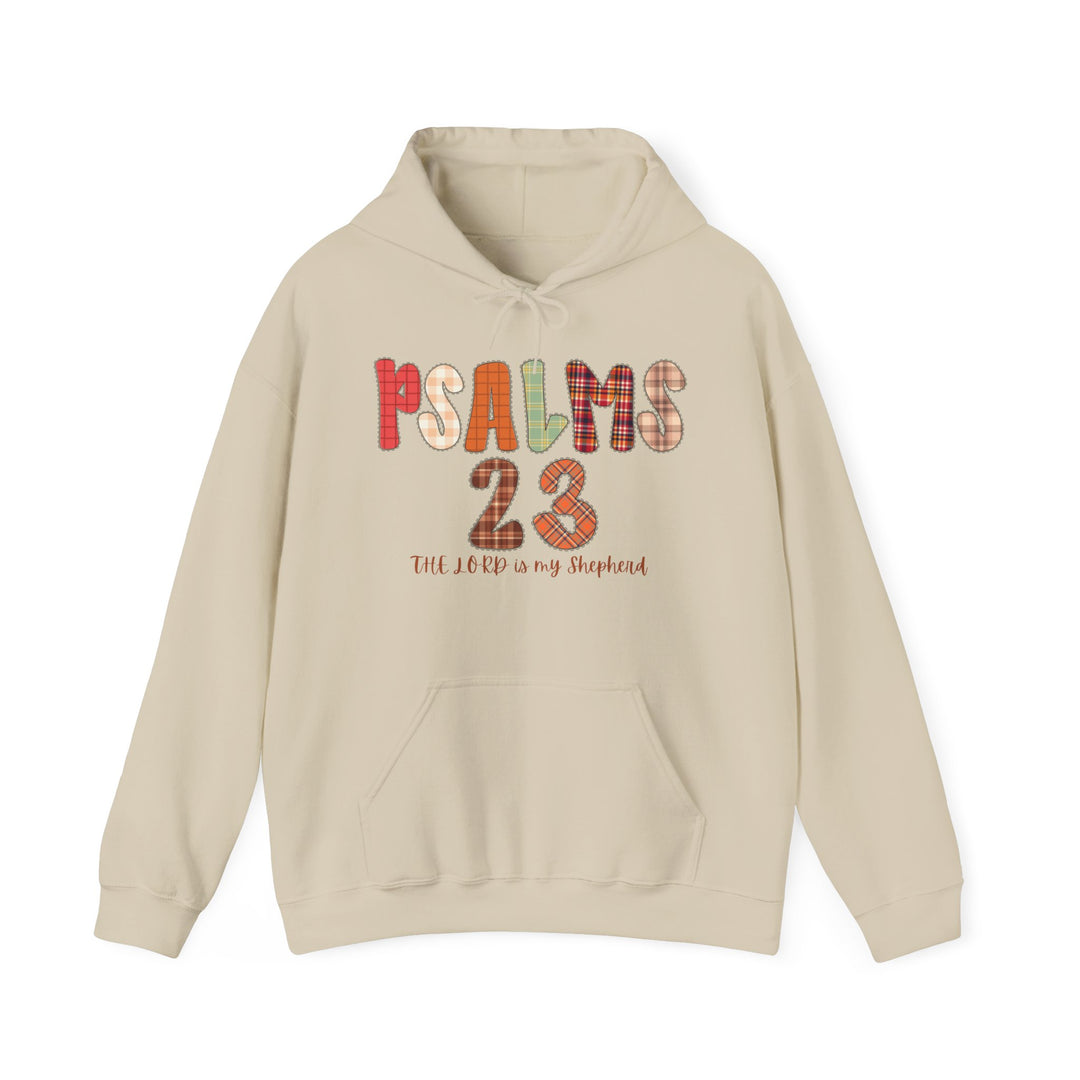 Light-beige Psalms 23 hoodie featuring a colorful graphic and cursive script on the chest, with a kangaroo pocket and drawstring hood for added style.
