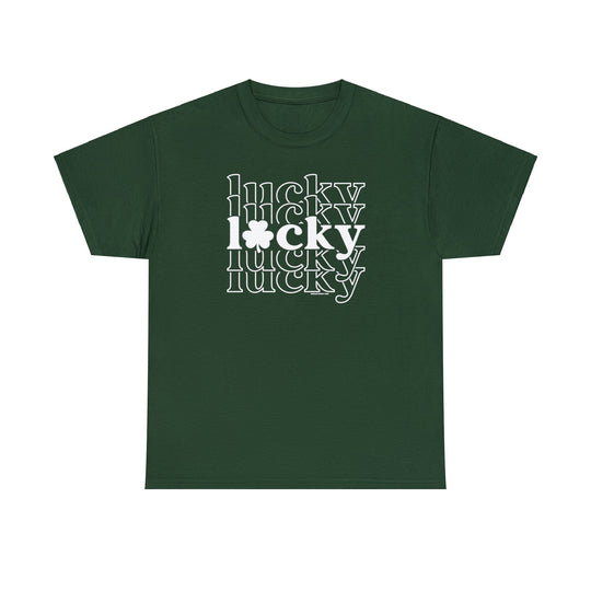Unisex Lucky Lucky Lucky Tee, a versatile staple with no side seams for comfort. Features durable tape on shoulders, ribbed knit collar, and medium weight fabric. Classic fit, 100% cotton.