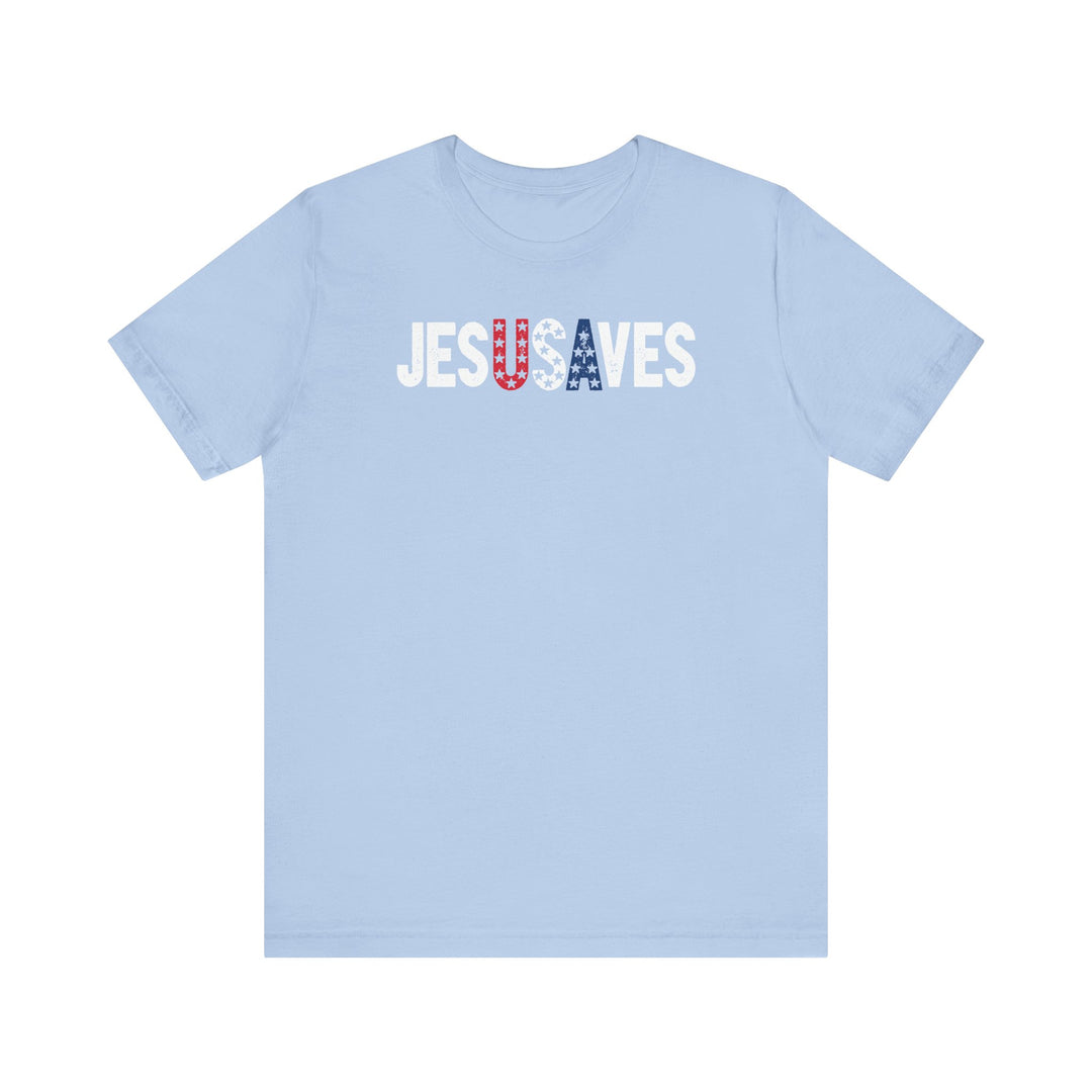 Light-blue JesUSAves T-shirt featuring a patriotic slogan design with USA stars-and-stripes pattern, crafted from soft cotton for a comfortable, classic fit.