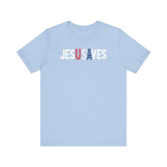 Light-blue JesUSAves T-shirt featuring a patriotic slogan design with USA stars-and-stripes pattern, crafted from soft cotton for a comfortable, classic fit.