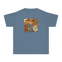 Heathered blue Gobble Kids Tee featuring autumnal crocheted letters with bows and a turkey appliqué, perfect for comfort and play in a classic fit.