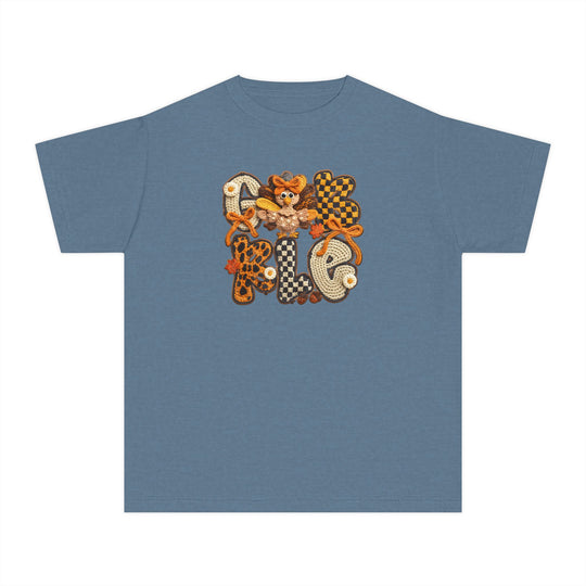 Heathered blue Gobble Kids Tee featuring autumnal crocheted letters with bows and a turkey appliqué, perfect for comfort and play in a classic fit.