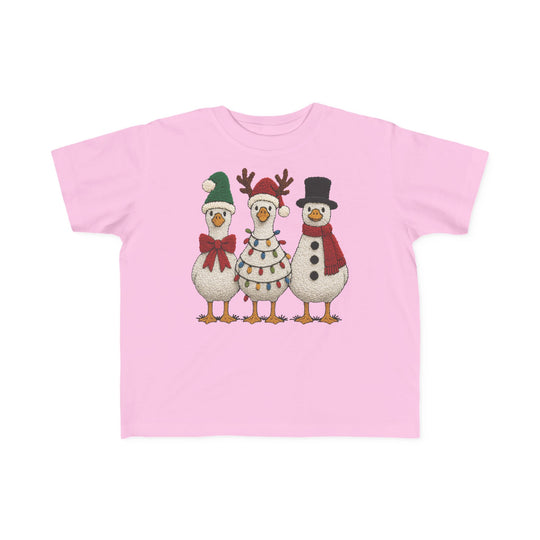 Christmas Ducks Toddler Tee featuring three festive geese in holiday attire, ideal for toddlers' sensitive skin with its soft, durable cotton fabric.