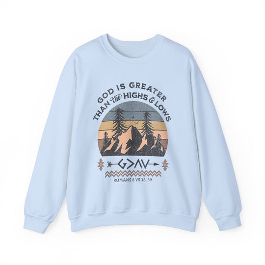 God Is Greater Crew: Unisex blue sweatshirt featuring a unique graphic design, crafted from a comfortable polyester-cotton blend with ribbed knit collar for shape retention.