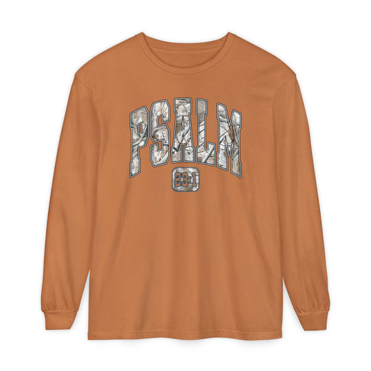 Psalm 23 Long Sleeve Tee with PSALM and 23:1 camo design, showcasing a relaxed fit and soft 100% ring-spun cotton fabric.