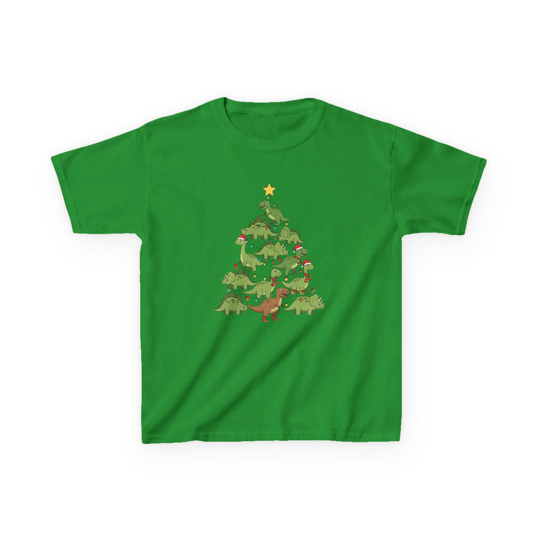 Dino Tree Kids Tee: Green T-shirt featuring a playful holiday graphic with cartoon dinosaurs arranged like a Christmas tree, adorned with Santa hats and ornaments.