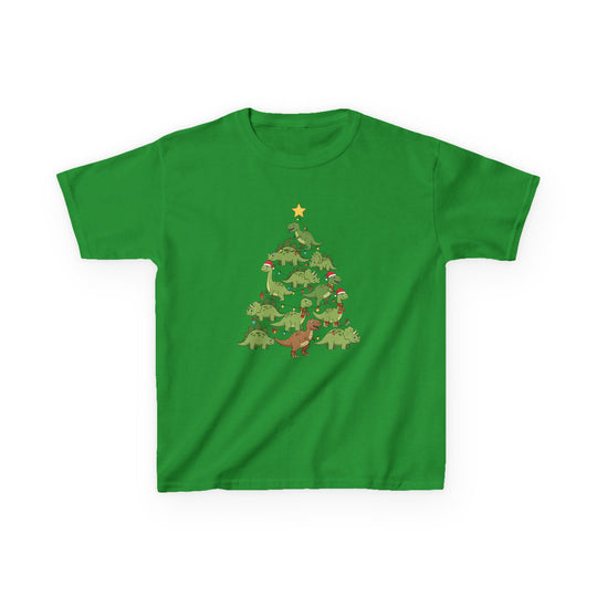 Dino Tree Kids Tee: Green T-shirt featuring a playful holiday graphic with cartoon dinosaurs arranged like a Christmas tree, adorned with Santa hats and ornaments.