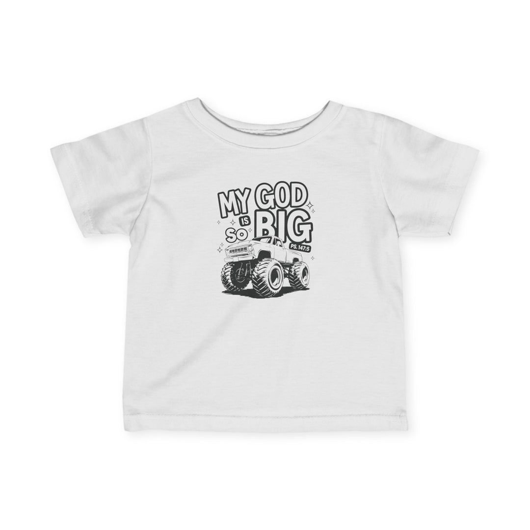 My GOD is So Big Baby Tee, showcasing a classic fit with ribbed knitting and taped shoulders, designed for comfort and durability in sizes from 6M to 24M.