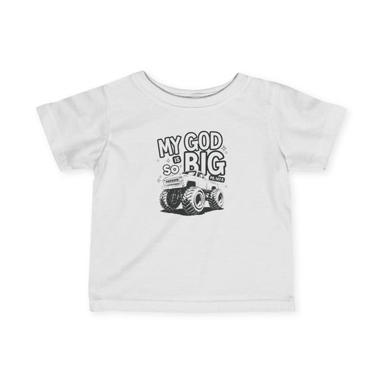 My GOD is So Big Baby Tee, showcasing a classic fit with ribbed knitting and taped shoulders, designed for comfort and durability in sizes from 6M to 24M.