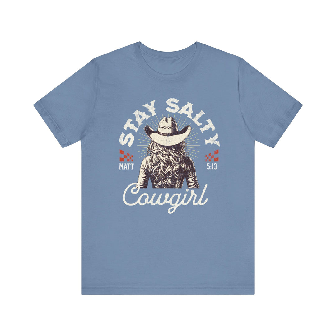 Stay Salty Tee featuring a cowgirl in a cowboy hat, crafted from soft cotton with ribbed knit collars, perfect for a comfortable, stylish fit.