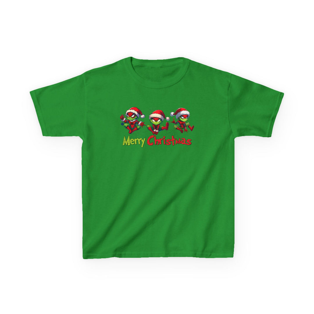 Spider Kids Tee features three cartoon Spider-Man figures in Santa hats above Merry Christmas text on a bright green T-shirt, ideal for festive wear.