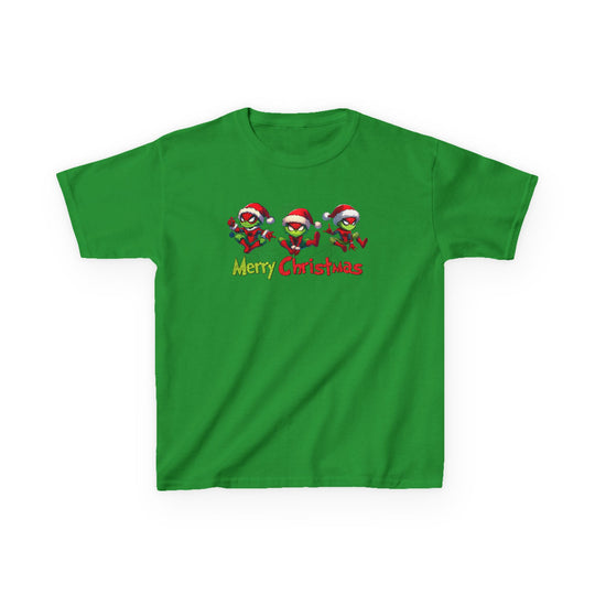 Spider Kids Tee features three cartoon Spider-Man figures in Santa hats above Merry Christmas text on a bright green T-shirt, ideal for festive wear.