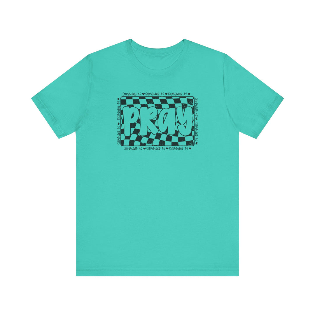 Pray Tee: Blue t-shirt featuring black text, crafted from soft cotton with ribbed collars and taping for durability and comfort.
