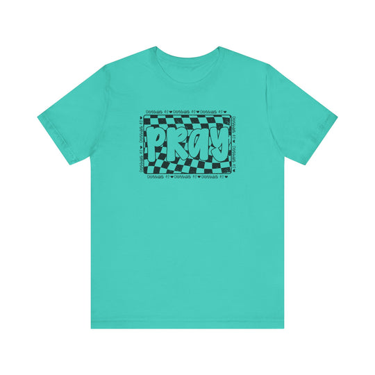 Pray Tee: Blue t-shirt featuring black text, crafted from soft cotton with ribbed collars and taping for durability and comfort.