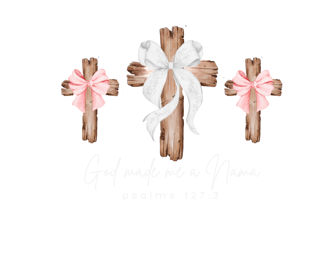 Stylized graphic of three rustic wooden crosses with bows, featuring 'God made me a Mama' text, on a crewneck sweatshirt.
