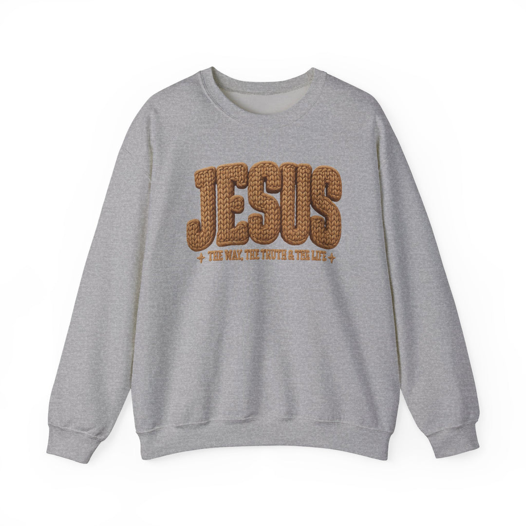 Light-heather gray crewneck sweatshirt with JESUS in warm brown, featuring The Way, The Truth & The Life beneath, from Faith Family Designs.