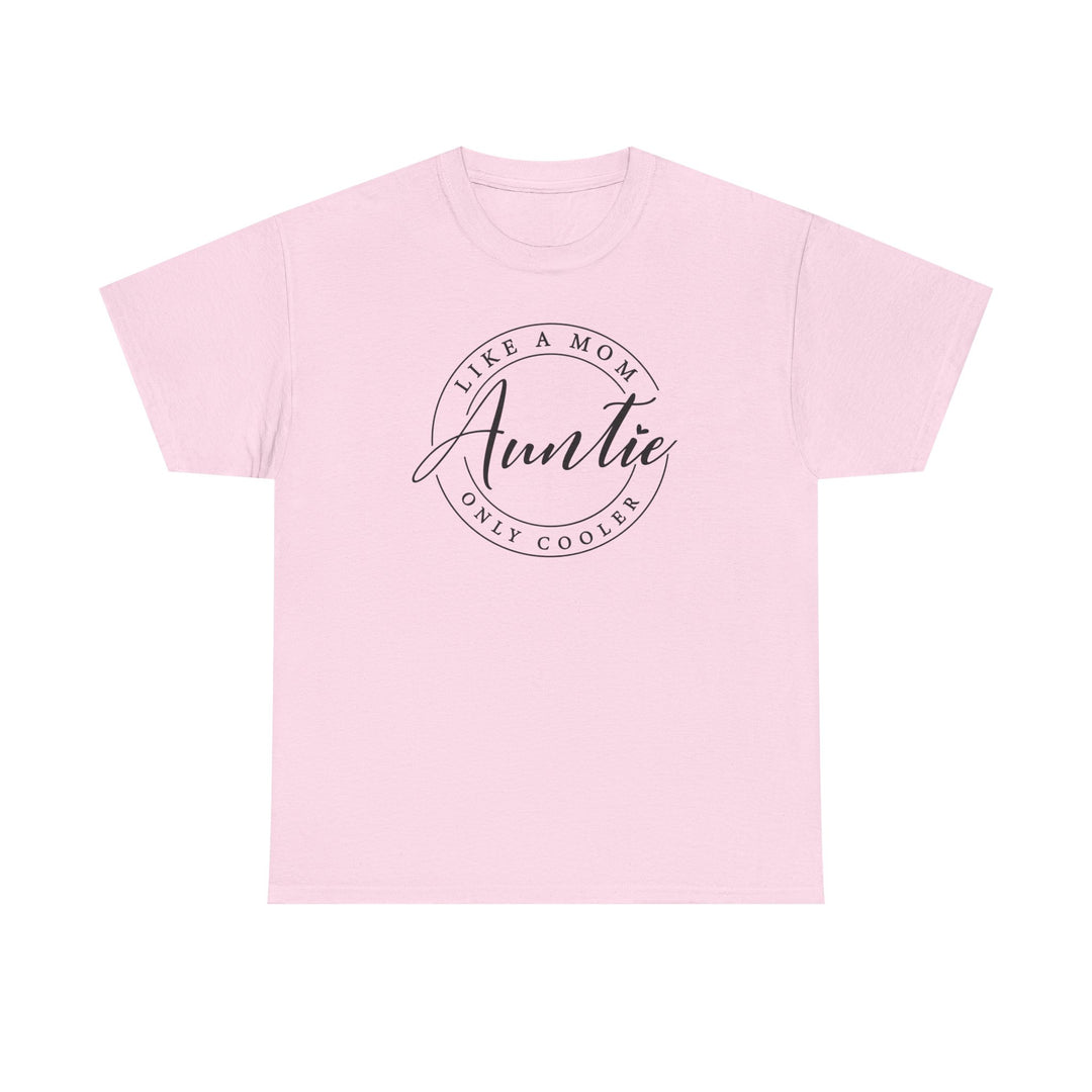 Auntie Tee: Pink t-shirt with bold black text, showcasing a unique design on a classic unisex heavy cotton tee.