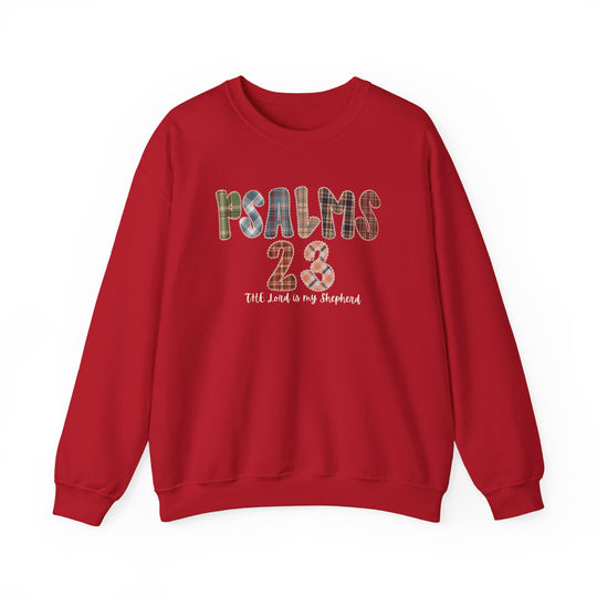 Red crewneck sweatshirt with PSALMS 23 in plaid patch letters and The Lord is my Shepherd in white script, showcasing comfort and faith-themed design.