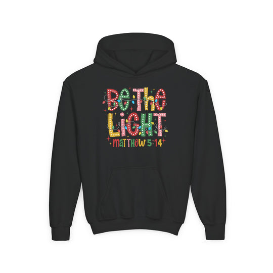 Be the Light Youth Hoodie with festive marquee and string-lights graphic, front kangaroo pocket, ultra-soft preshrunk fleece, perfect for kids' wear.