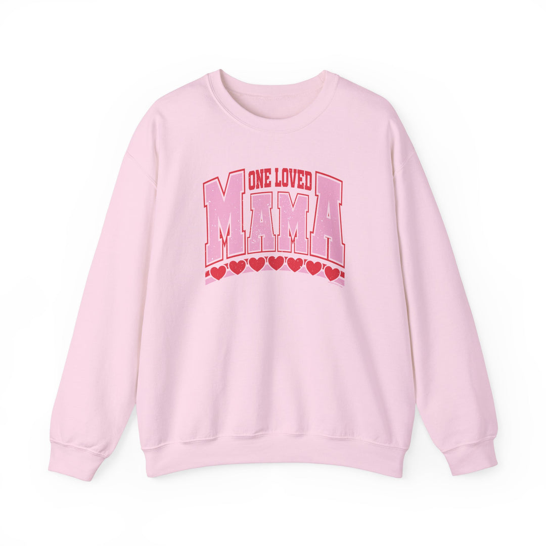 One Loved Mama Crew sweatshirt featuring a pink graphic design, offering comfort with its polyester-cotton blend and ribbed knit collar for shape retention.
