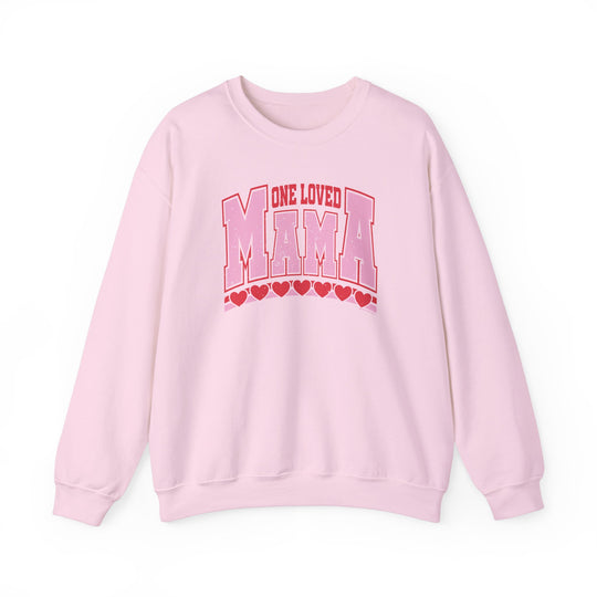 One Loved Mama Crew sweatshirt featuring a pink graphic design, offering comfort with its polyester-cotton blend and ribbed knit collar for shape retention.